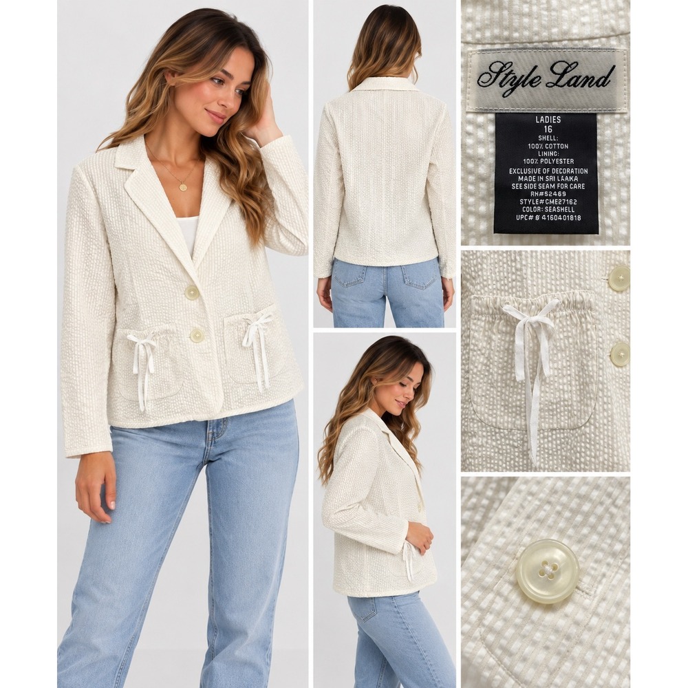 Style Land Womens Seersucker Blazer Jacket Seashell Cream Cotton Sz 16 CME27162